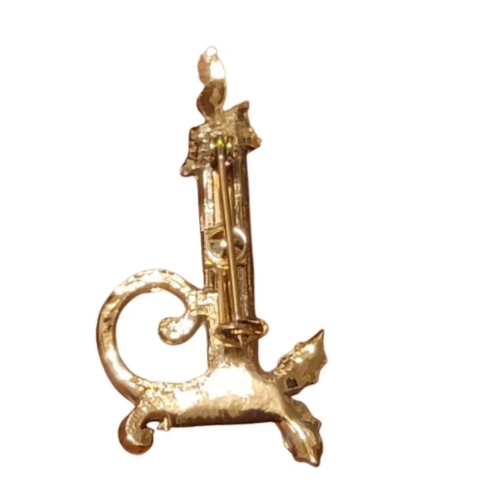Vintage Rhinestone Christmas Candle Brooch Gold Tone Holly Candlestick Pin